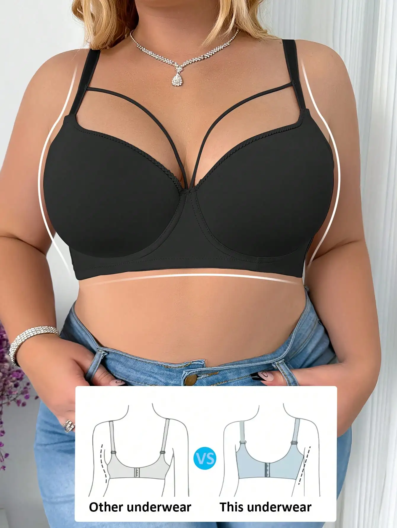Big Size Women\'s 3/4 Cup Lingerie Sexy Medium Mold Cup Non-Convertible Straps Soft Solid Push up Gathered C D E Cup Lingerie