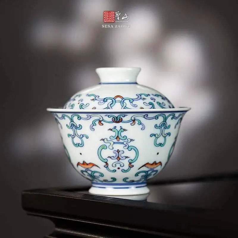 Holy Mountain Jingdezhen Blue And White Porcelain With Hand-Painted Honeysuckle Pattern, Covered Bowl Cup For Brewing Tea