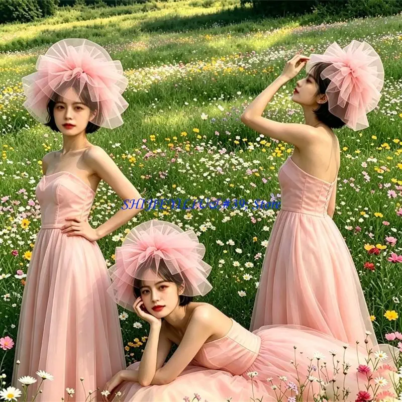 E21F Stage Costume Hair Piece for Women, Oversized Mesh Fascinator Clip On Headpiece in Tulle for Formal Photo Styling