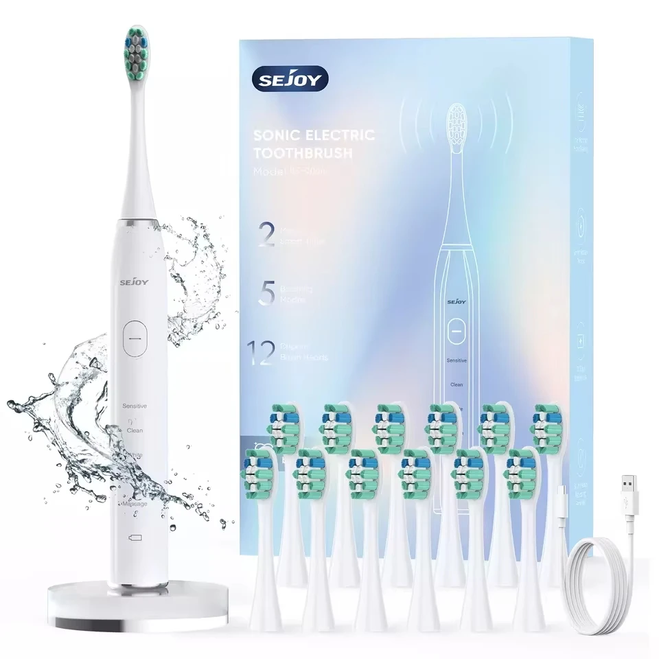 SEJOY Sonic  Expert Clean Electric Toothbrush Rechargeable High Power Vibration12 Brush Heads 5 Modes