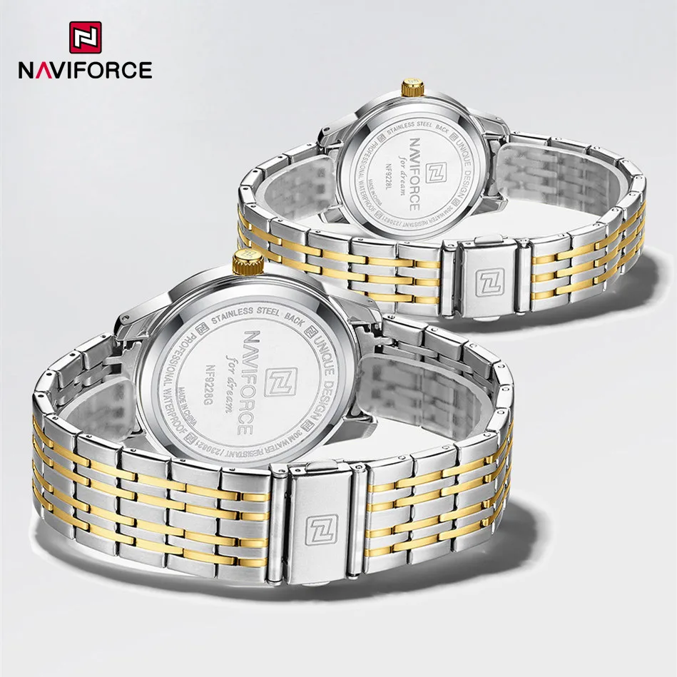 NAVIFORCE-Relógio de Pulso Quartzo Masculino e Feminino, Relógios Simples, Impermeável, Calendário, Aço Inoxidável, Band Clock, Fashion Brand, Casal