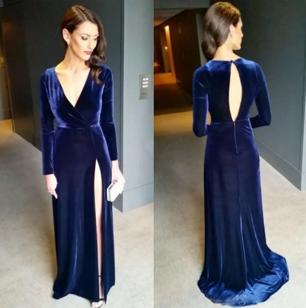 

Sexy Deep V-Neck Formal Evening Dress High Side Slit Velvet Graduation Dress Hollw Back Long Sleeve Party Dress Reception Gown