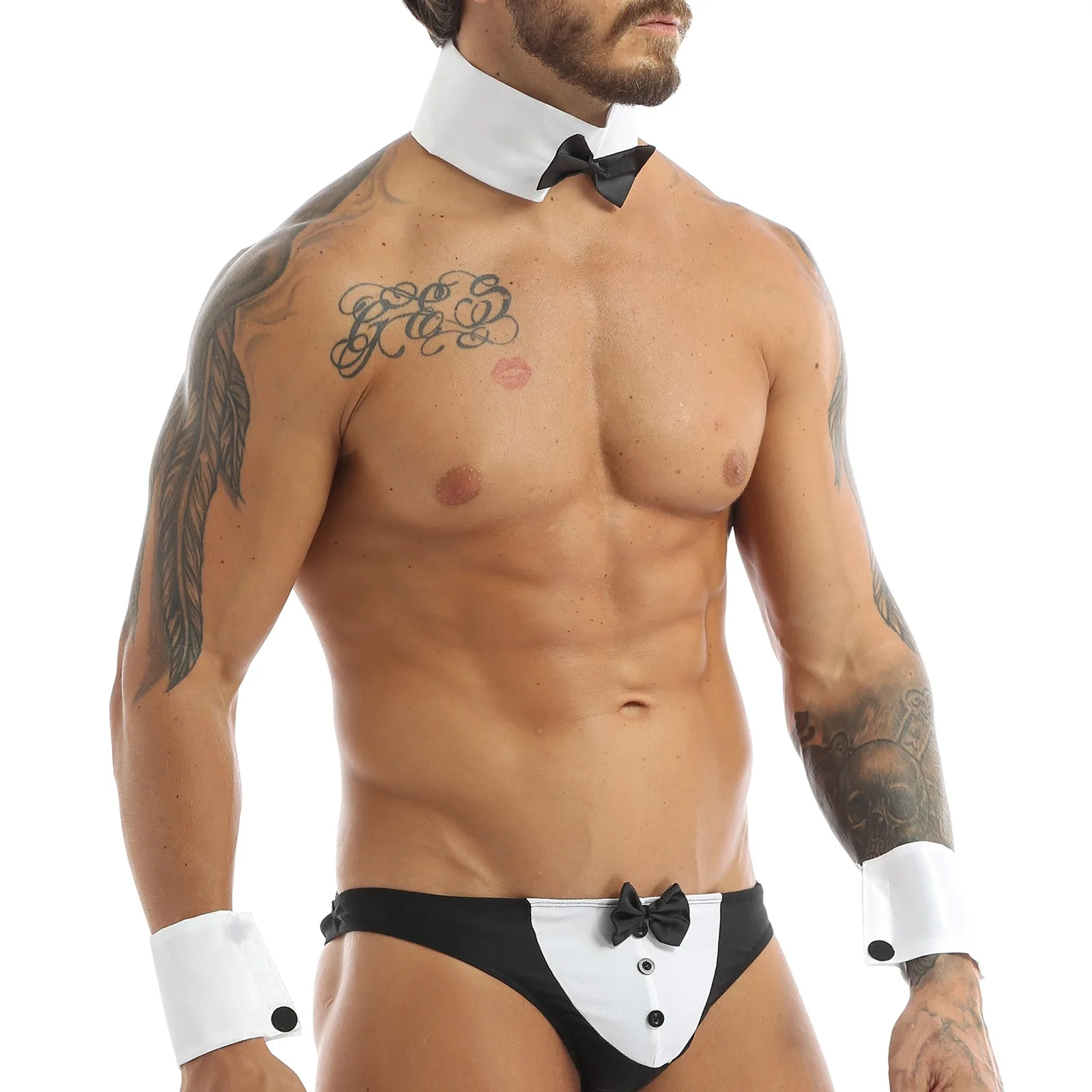 

Mens Adult Collar and Cuff Set Waiter Lingerie Sexy Clubwear Gay Men Bow Tie Collar Bracelets Dancer Costume Cosplay Accessories