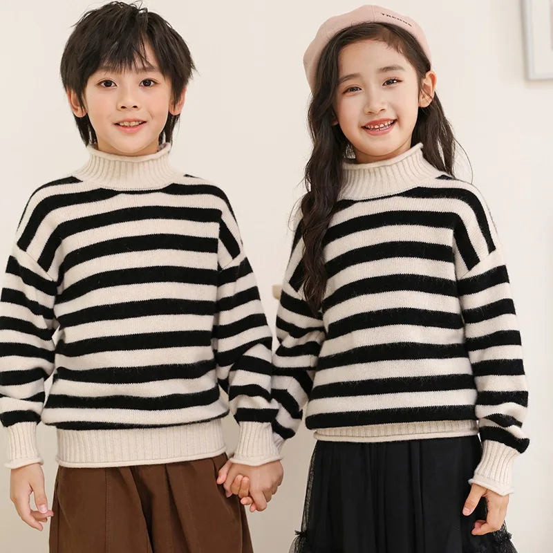 Seven-Pin Thickened Hemmed Half-Turtleneck Wool Pullover Autumn and Winter Young and Older Boys and Girls Same Swe