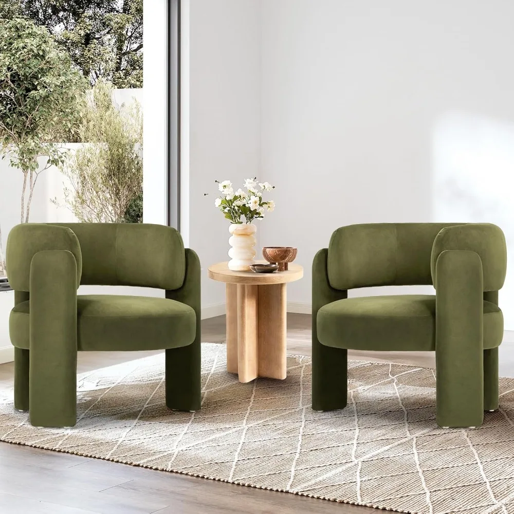 

Modern Velvet Accent Chair Set of 2, Upholstered Barrel Chairs, with 3 Legs, Comfy Side Arm Chairs