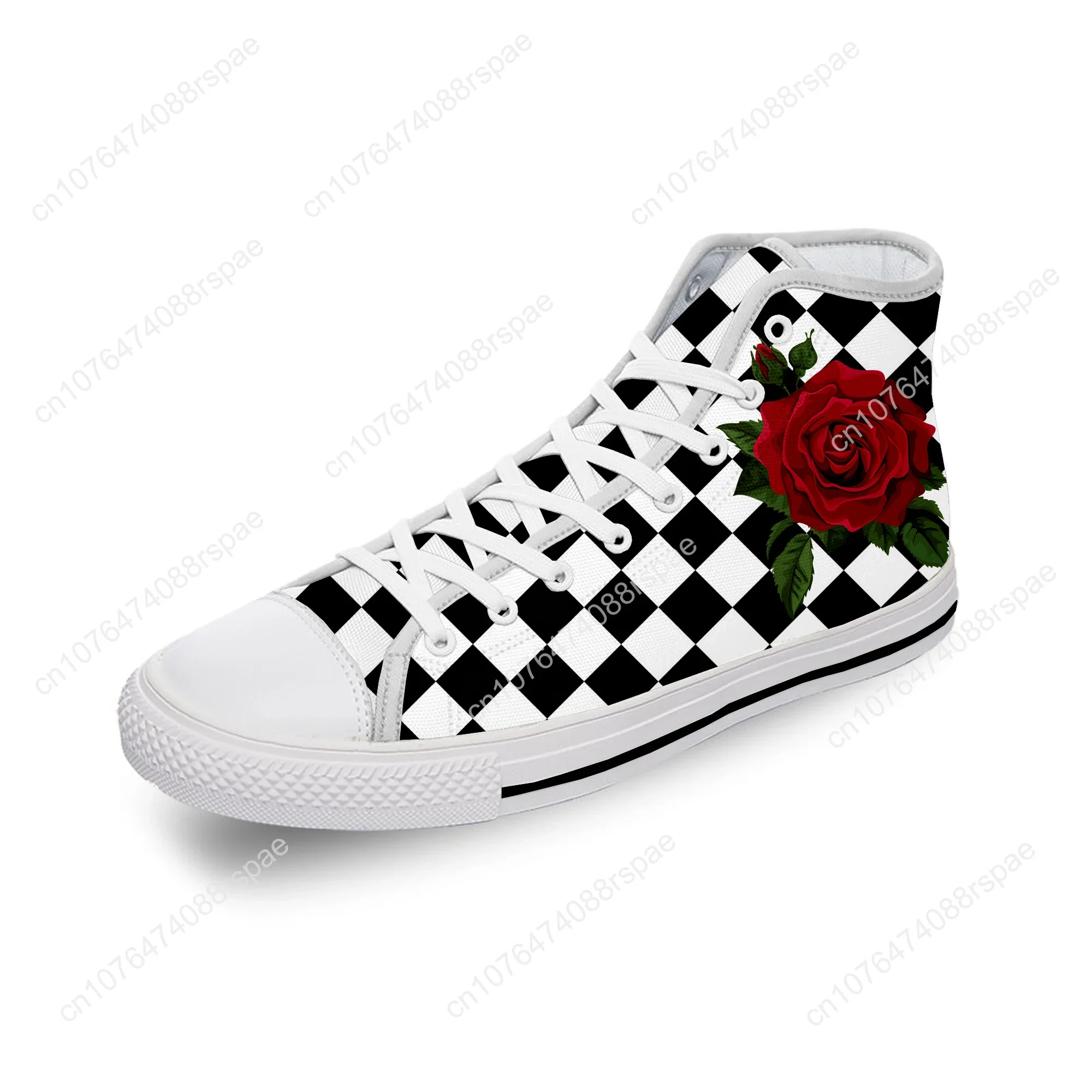 Sapatos de lona alta para homens e mulheres, tênis leves respiráveis, quadrados preto e branco, flor rosa, moda pano branco, impressão 3D