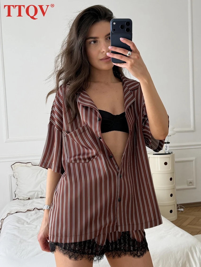 

TTQV Fashion Loose Stripe Print 2 Piece Set Women 2026 Summer Short Sleeve Shirt With High Waist Lace Spliced Shorts Set Female
