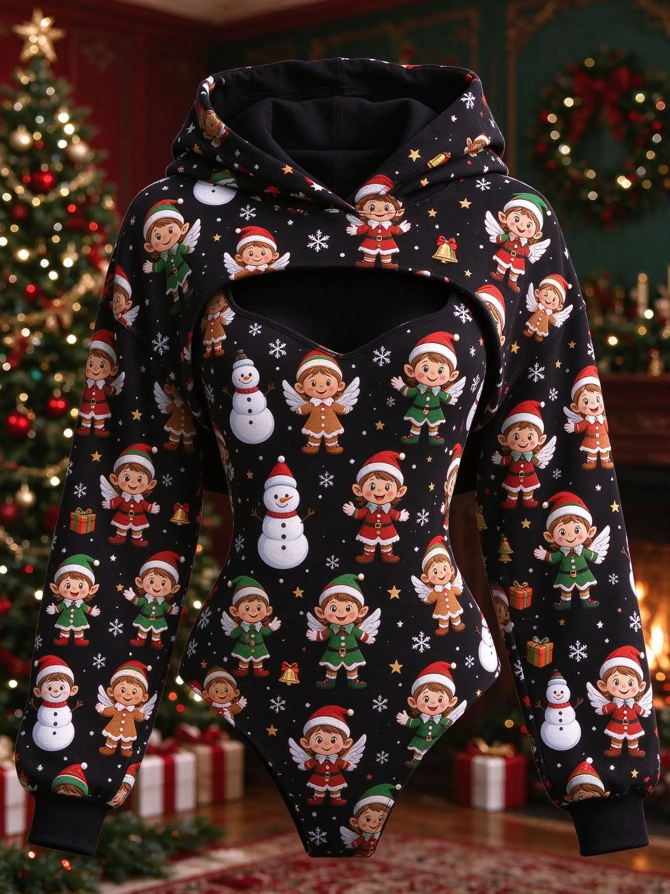 Christmas Women 2 Piece Set Black Cute Corgi Cat Piggy Santa Hat Snow Print Bodysuit & Hooded Shrug Xmas Party Outfit view 3