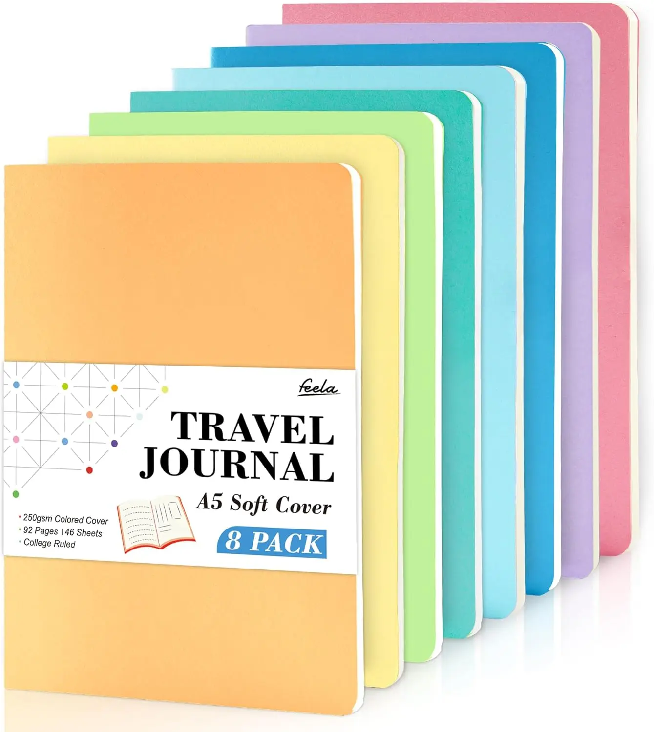 8-Pack Soft Cover Journal Bulk, College Ruled Notebooks for Work and Travel, A5 Size Note Taking Supplies
