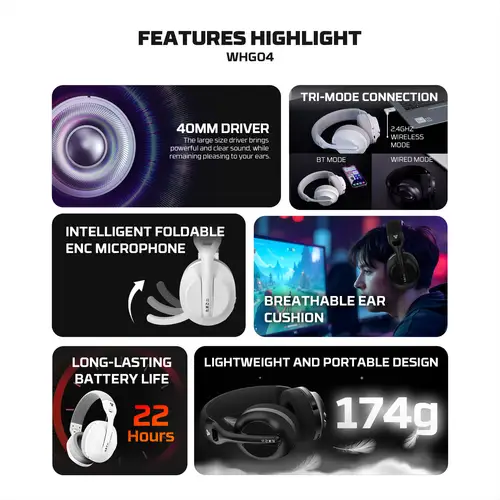 Imagen 2 del producto FANTECH TAMAGO II WHG04 Auriculares inalámbricos con micrófono ENC 40MM Controlador grande y cojín para los oídos transpirable Uso en 22 horas para PC