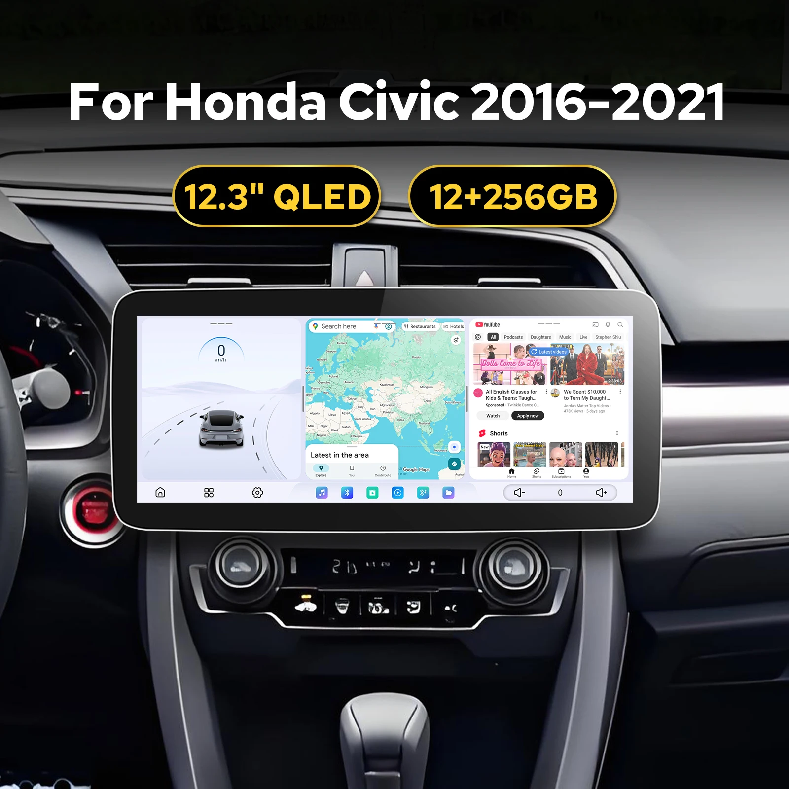 JOYING 12.3”Android Head Unit Car Stereo For Honda Civic 2016-2021 2400*900 12GB 256GB Wireless CarPlay Android Auto HDMI In/Out