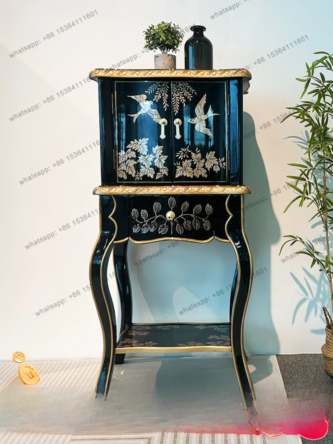 12Chinese Style Light Luxury Gold Painting Side Cabinet Collection and Storage Multi-Functional