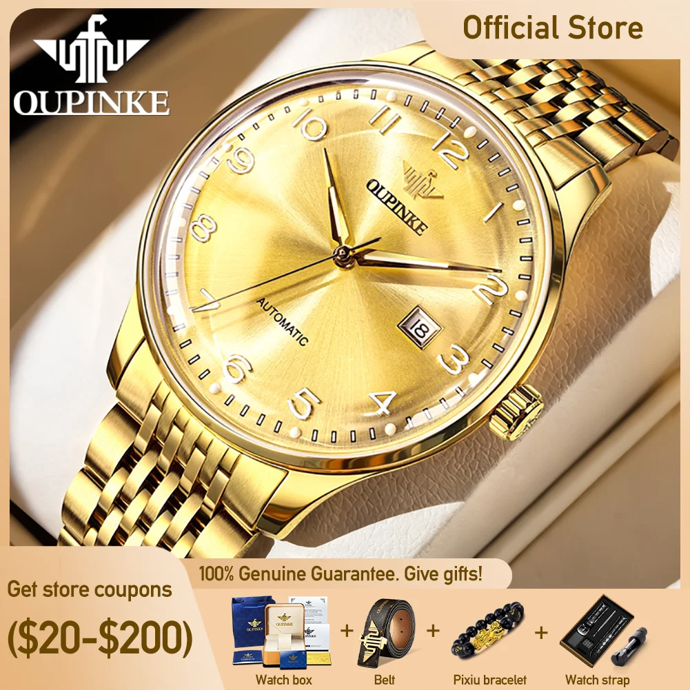 

OUPINKE 3319 Men Mechanical Imported Movement Watch Big Dial Luminous Display 50m Waterproof Calendar Window Watch For Men