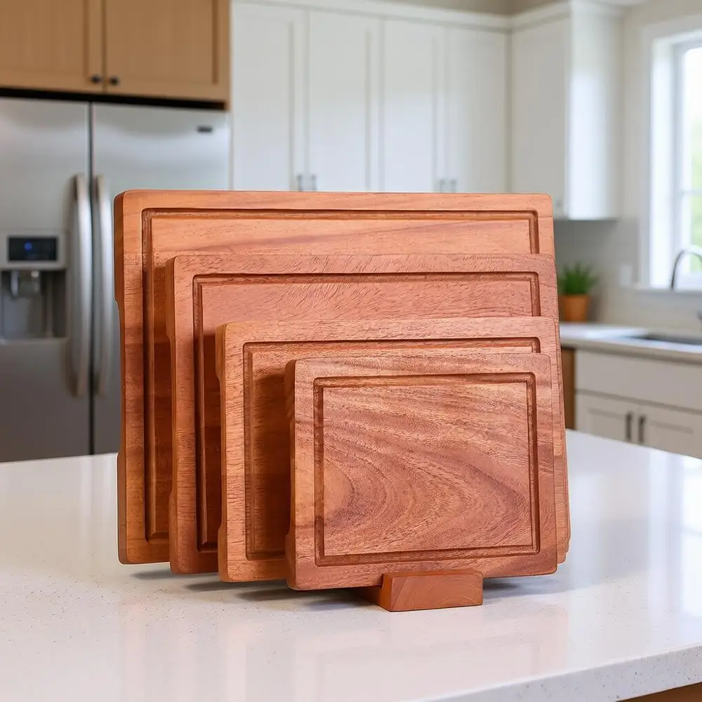 

Набор из 4 разделочных досок из массива сапеле с подставкой – размеры от большого до очень большого (от 9x7 до 16x12 дюймов) для различных кухонных задач