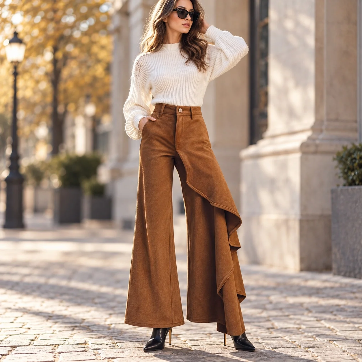 Irregular Asymmetrical Hem Full Length Pants with Slight Stretch Edgy Street High Waist Thin Heat Set Autumn Women Pants