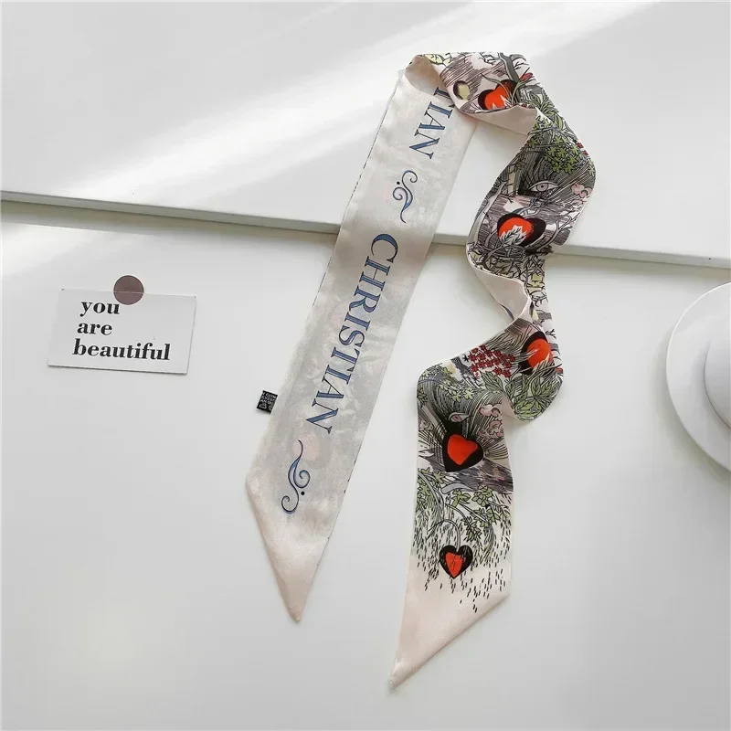 2024 New Versatile Plants And Flowers Women\'s Twill Silk Small Scarf Wrap Hand Tie Bind A Bag Ribbon Hair Band