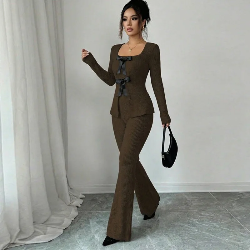 

Топ с длинными рукавами и повседневные брюки, комплект независимой станции, женский трикотаж из смеси полиэстера, элегантный модный комплект с узлом-бабочкой