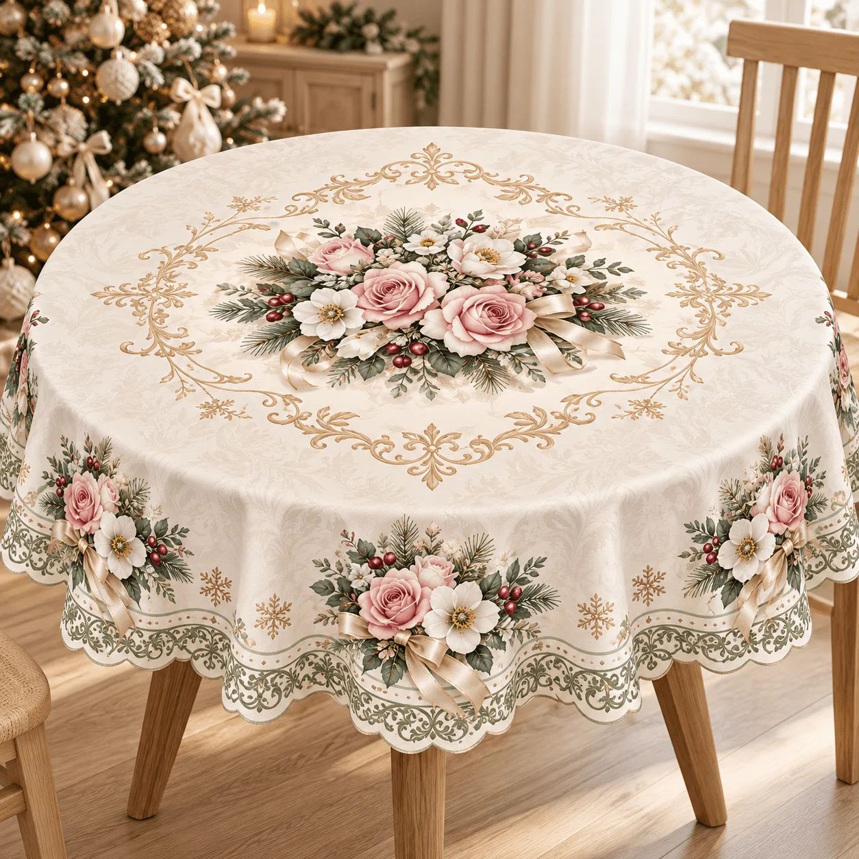 1 round tablecloth on a creamy white background with pink roses, champagne bows, gold snowflakes and vintage curly trim