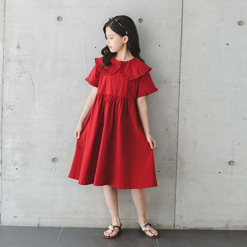 

New Summer Red Girls Dress Wave Edge Loose Short Sleeve Skirt Festive Student Skirt