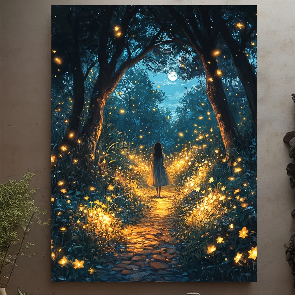 (No frame)1pc, With Frame, 12x16inch Twilight Enchanted Forest Canvas Art Fireflies in Mystical Woodland Glow, Nature Inspire