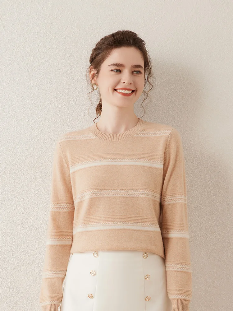 Frauen O-Ausschnitt gestreiften dünnen Kaschmir Pullover Pullover 100% Kaschmir Strickwaren lässig Basic einfachen Stil weibliche Kleidung für den Frühling