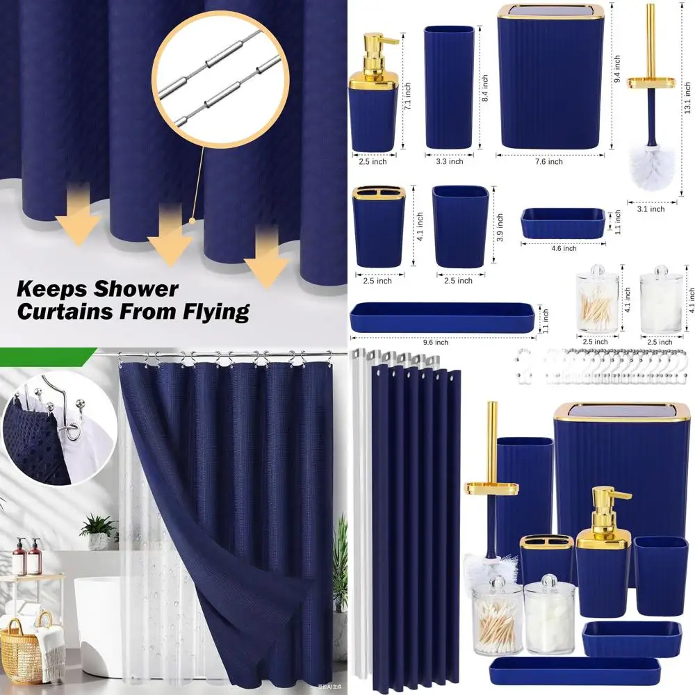 

Complete 23-Piece Navy Blue Bathroom Accessory Set with Shower Curtain, Waste Bin, and More