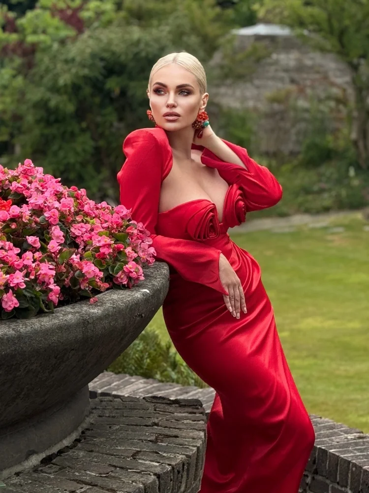 PB Glamouroso vestido maxi de cetim vermelho com decoração de rosas e fenda alta aniversário celebridade noite sexy elegante vestidos de manga comprida