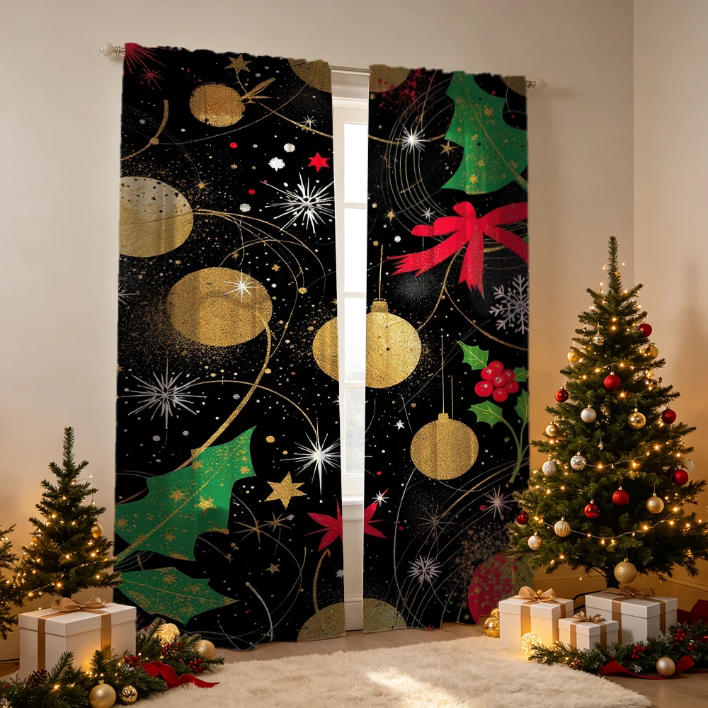 2PCS Christmas Curtains, Gold baubles starburst holly Print, Bedroom Living Room Window Drapes, Rod Pocket Polyester, Home Decor