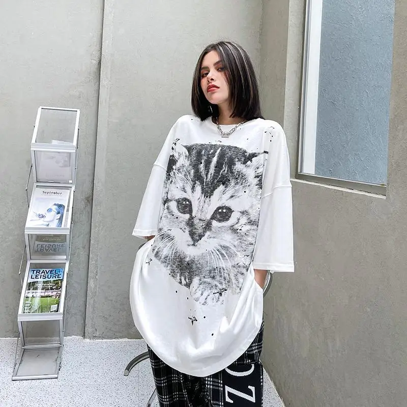 

Plus Size 5XL 150kg Summer Women's T-shirt Short Sleeve O neck Cat Printed Casual Loose Large Size Tshirt