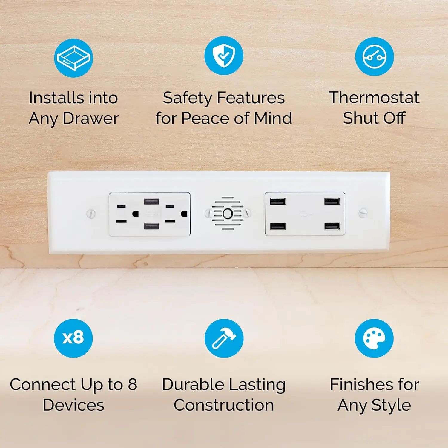 in-Drawer Outlet, Integrated Safety Shutoff, (6) USB-A & (2) 15 amp AC, White