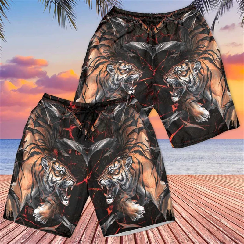 2024 Summer New Men Beach Shorts Casual Cool Animal 3d Printing Tiger Short Pants Running Trunks Breathable Boys Kids Swimwear