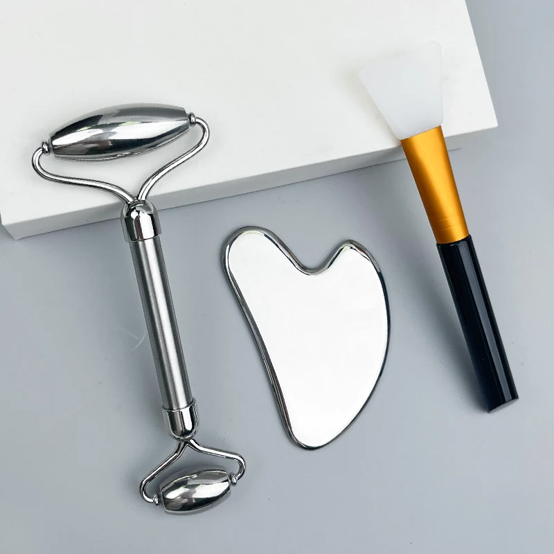 3 Pieces of Facial Stainless Steel Gua Sha and Facial Roller and a Mask Brush, Facial Massage Tool Set, Gift Included
