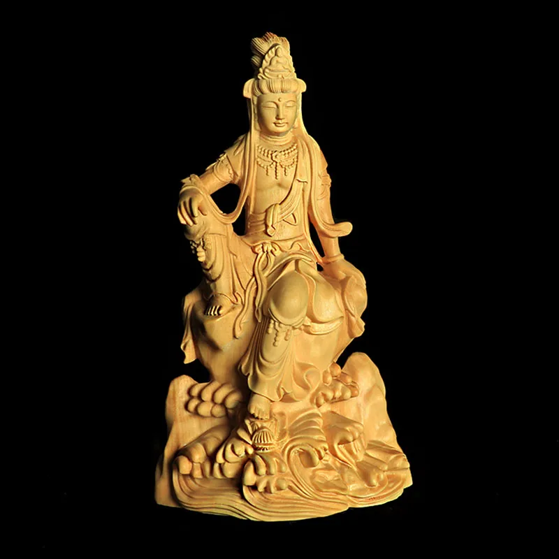 XS772- 13.8 Guanyin Buddha Boxwood Sculpture Feng Shui Figurine Bodhisattva Statue Collection Ornaments