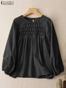 ZANZEA 여성용 긴팔 블라우스, 빈티지 솔리드 플리츠 셔츠, 캐주얼 O넥, 여성 휴일 상의, 오버사이즈 튜닉 블라우스, 가을