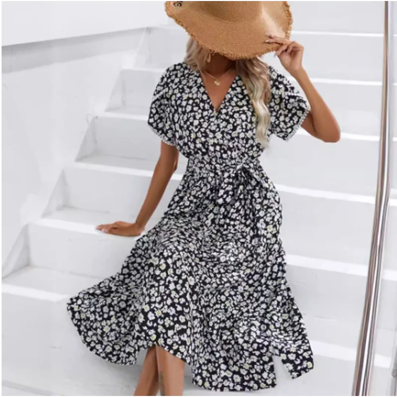 2024 neue V-Ausschnitt Blumen Kurzarm Kleid Frauen künstlerischen Strand urlaub Bohemian Style Sommerkleider