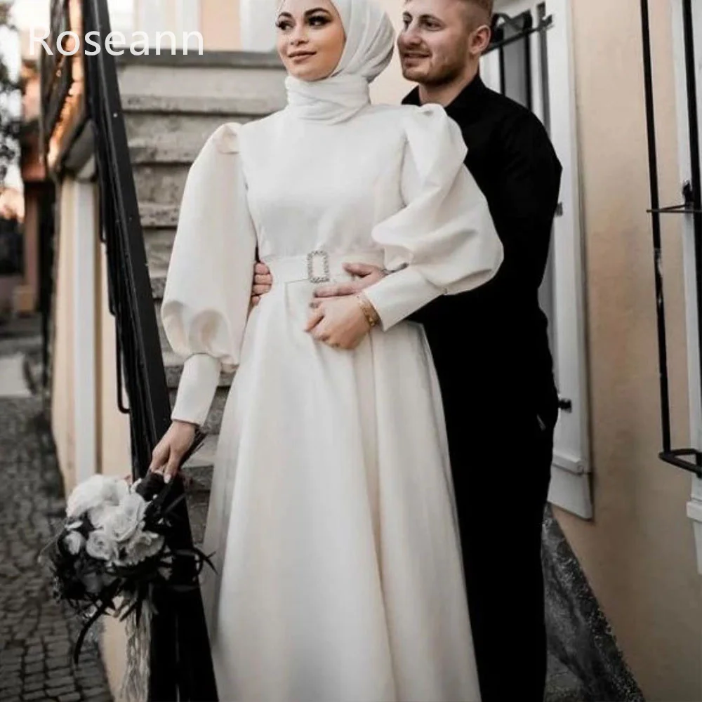 Muslim Exquisite High Collar A-line Wedding Dresses Vertically Satin Belt Bride Dresses Draped Pleat Floor Length robe de mariée