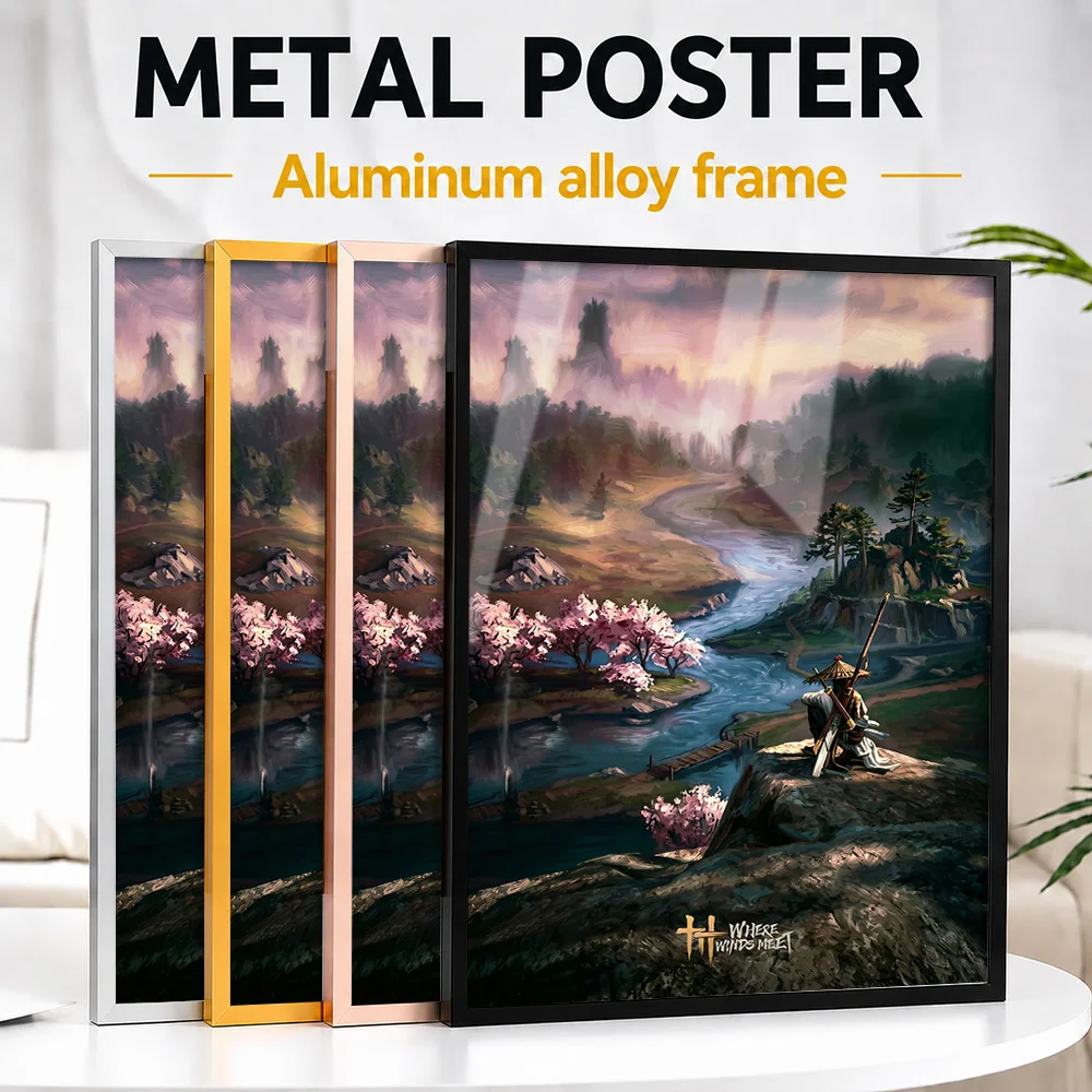 Póster metálico con motivos samuráicos que miran al río y al valle, con marco de aleación de aluminio y estilo de pintura personalizado, ideal como decoración de pared para salas de juegos.