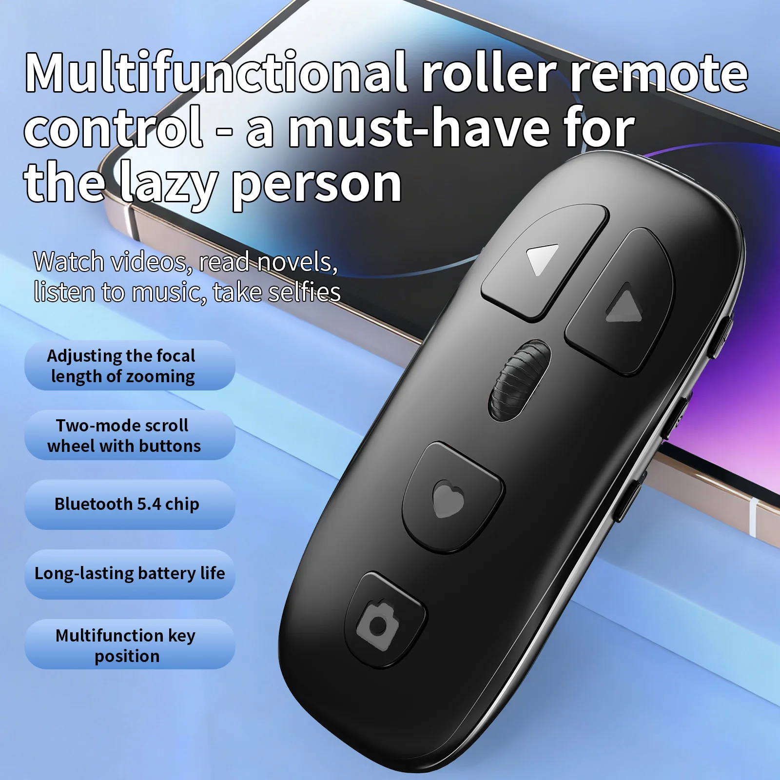 

Беспроводной Bluetooth-пульт для TikTok, перелистывания страниц Kindle, прокрутки, зума, фокусировки и селфи