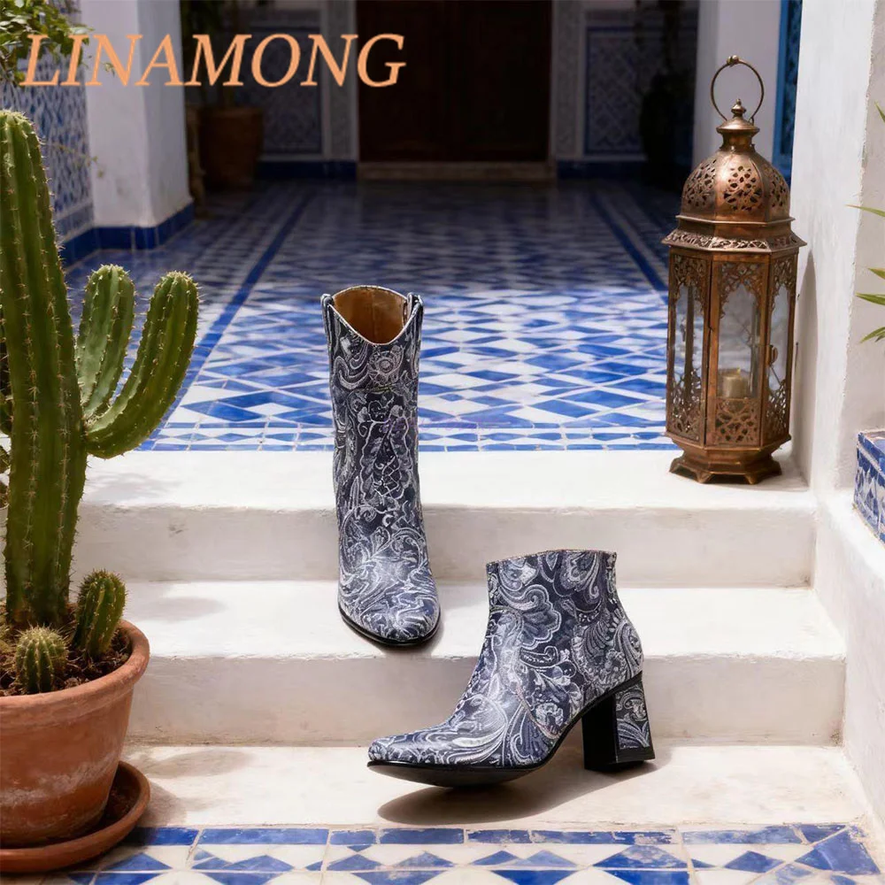 ساحة اصبع القدم كعب سميك أحذية قصيرة الأزرق والأبيض اليد نحى طباعة المتخصصة تصميم الجانب سستة كعب مربع كعوب عالية الموضة