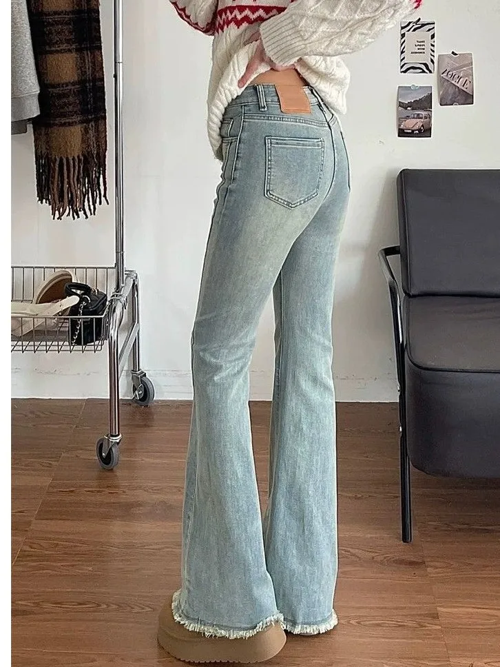 

Light Wa Distred Bell Bot Jeans Women's High Waist Slimming Hip Covering Elastic Bell Pants Casual Wide Leg Jeans