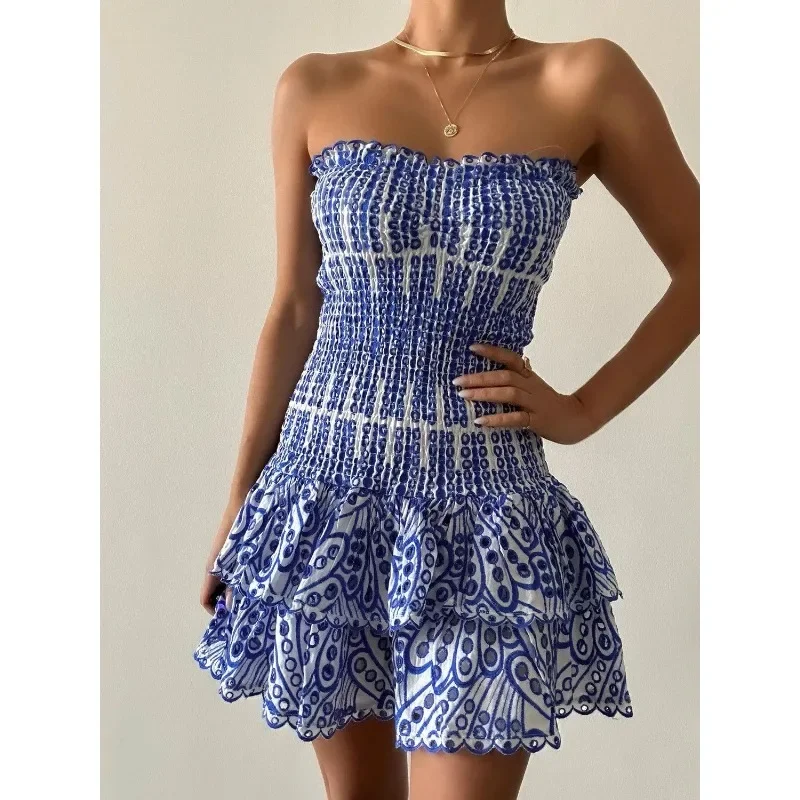 

Deeptown Coquette Sexy Strapless Ruffle Women Dresses Embroidery Pleated Elastic Sleeveless Boho Mini Dress Slim Holiday Party
