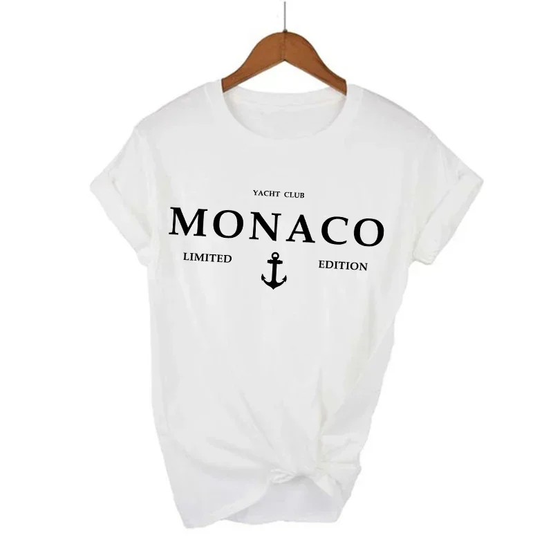 T-Shirt à Manches Courtes pour Femme, Vêtement en Pur Coton Doux, Imprimé Lettres Monaco, Y2k, Été