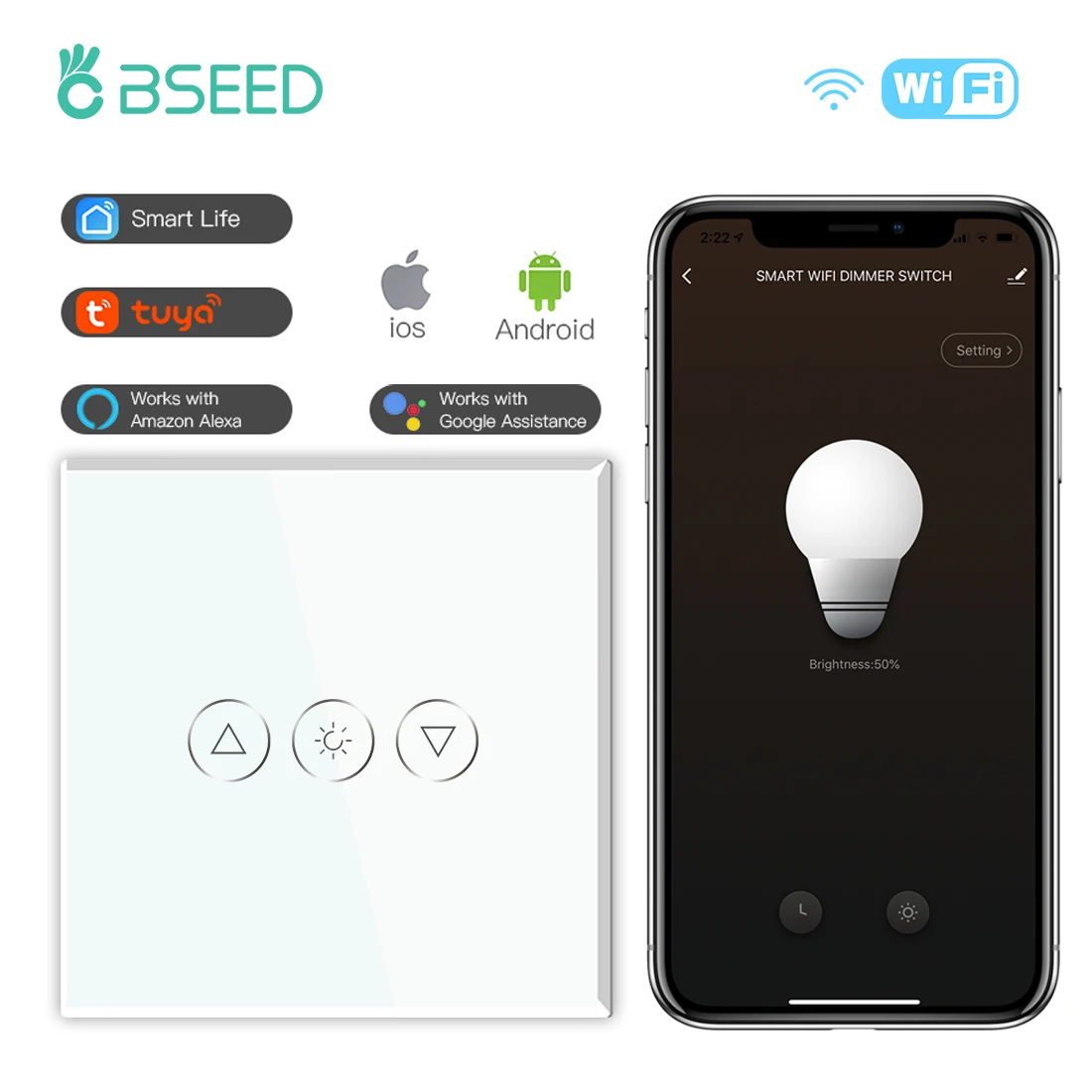 

BSEED Wifi Smart Touch Dimmer Switch Crystal Glass Panel Led Light Dimmable Switches Support Tuya Smart Life Google App