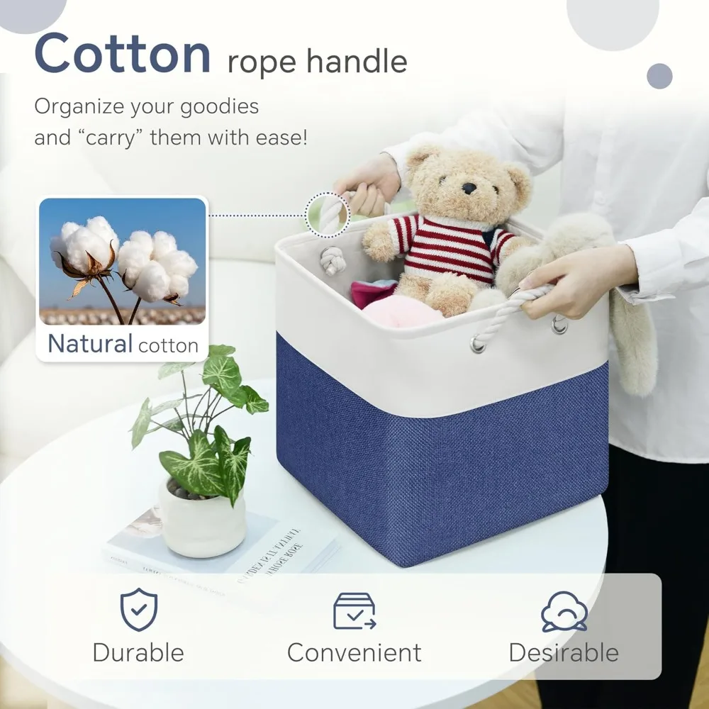 6-Pack 11x11 Inch Cube Storage Baskets with Cotton Handles for Organizing Closets, Shelves, Clothes, Toys, and Towels in White a