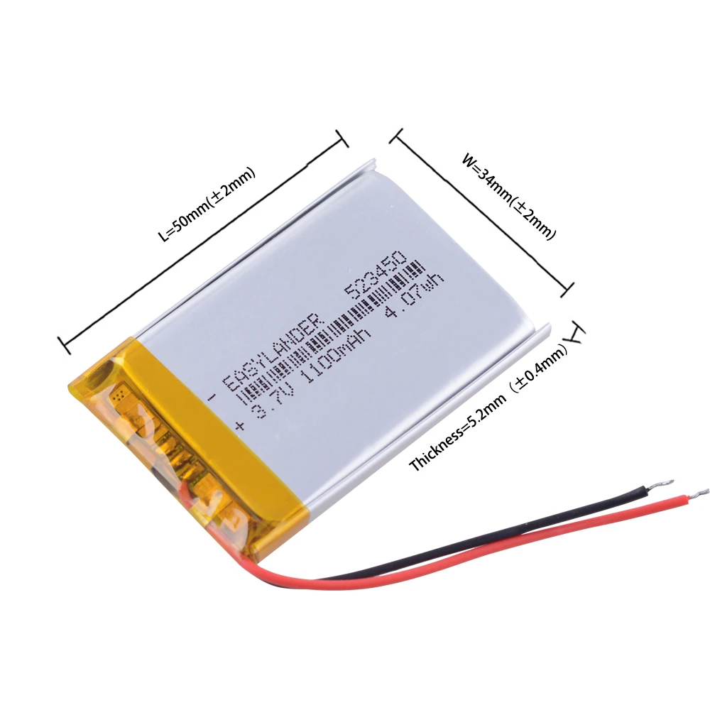 503450/523450 1100mAh 3.7V Polymer Lithium Rechargeable Battery Li-ion Battery JST PH2.0 2pin For GPS Smart Phone DVD MP4 MP5