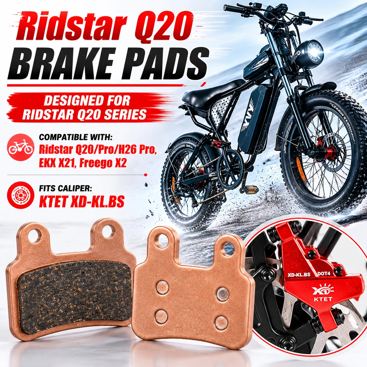 

Low Noise Ebike Brake Pads Semi-Metallic for Ridstar Q20 EKX X21 Freego X2 KTET XD-KL.BS 2 Piston Hydraulic