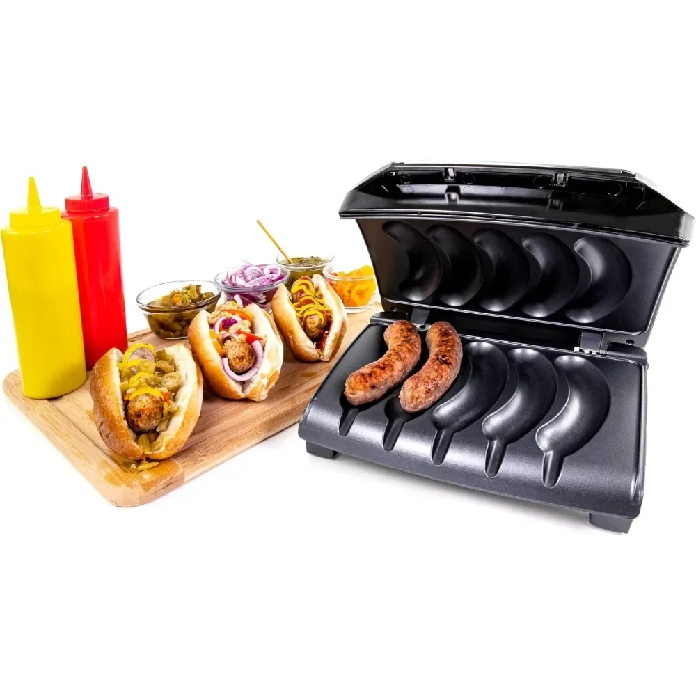 شواية السجق والخبز الكهربائية مع صينية تنقيط الزيت ومقبض الحمل وتخزين الحبل، ما يصل إلى 5 وصلات من لحم البقر والديك الرومي والدجاج