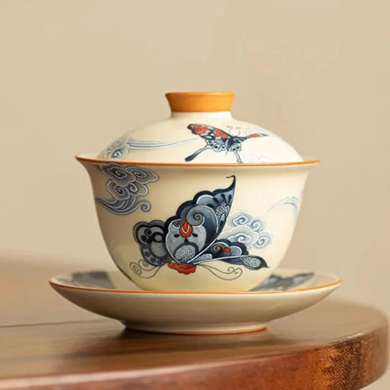 Beige Ruyao Butterfly Pattern Tea Tureen Household Kungfu Tea Bowl Tea Cup Kitchen Teaware Set Drinking Supply