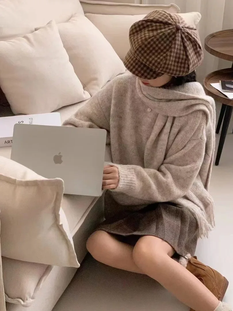 سترة نسائية محبوكة فضفاضة طويلة من Sve سترة تريكو كورية مستديرة Ne باللون الأحمر مع وشاح كسول Sle شتوي Aosphere Faion