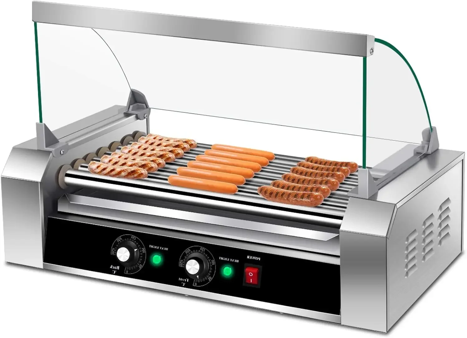 Hot Dog Roller Machine, Electric Sausage Grill w/ 18 Hot Dog, 7 Non-Stick,Removable Stainless Steel Drip Tray and Glass Hood Cov